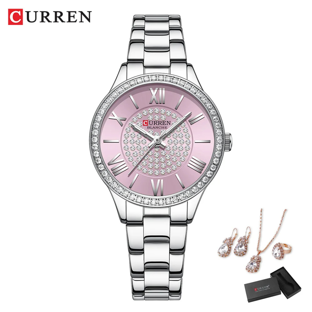 Kit Relogio Feminino Anel Colar  Brincos Curren Oficial Prata Rose